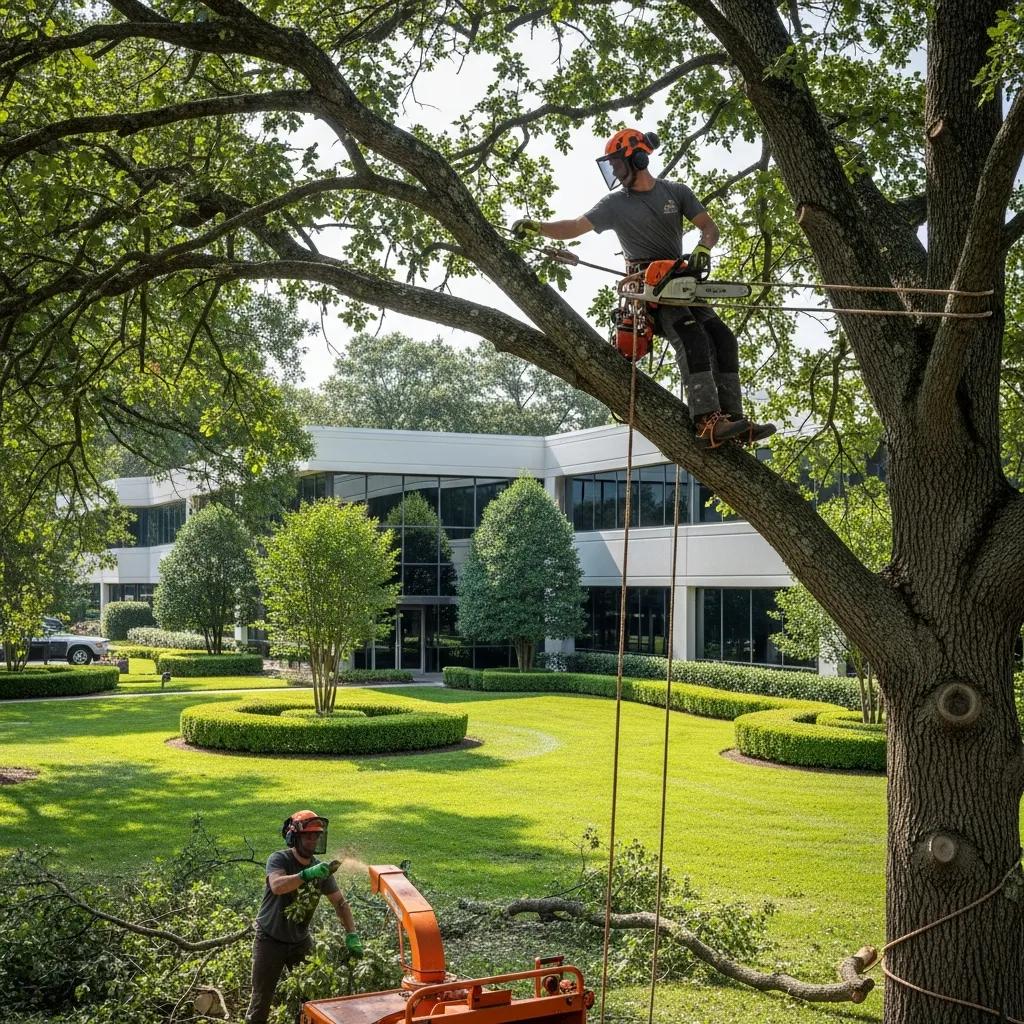 Arborist trimming trees on a commercial property, highlighting the importance of tree maintenance for businesses