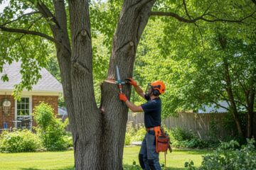 Certified arborist trimming a healthy tree in a residential backyard, highlighting professional tree care services