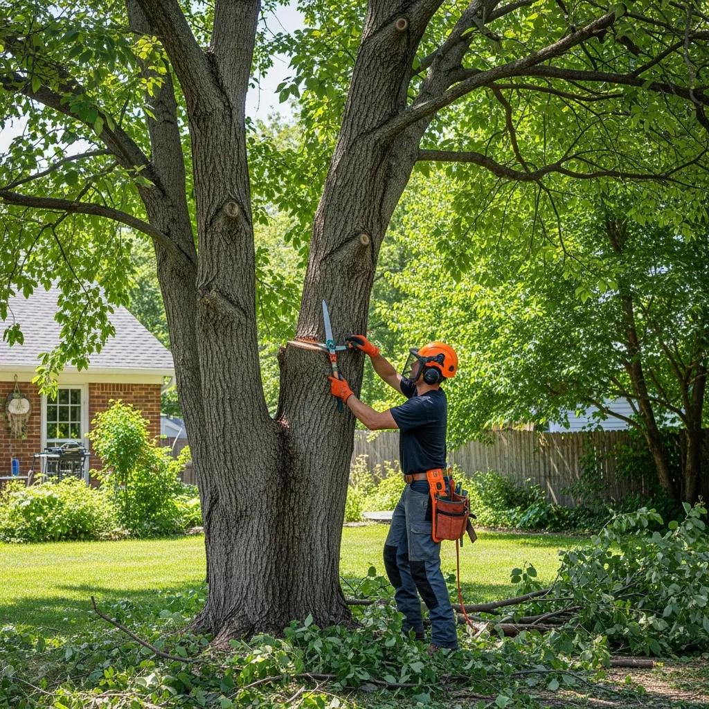 Certified arborist trimming a healthy tree in a residential backyard, highlighting professional tree care services