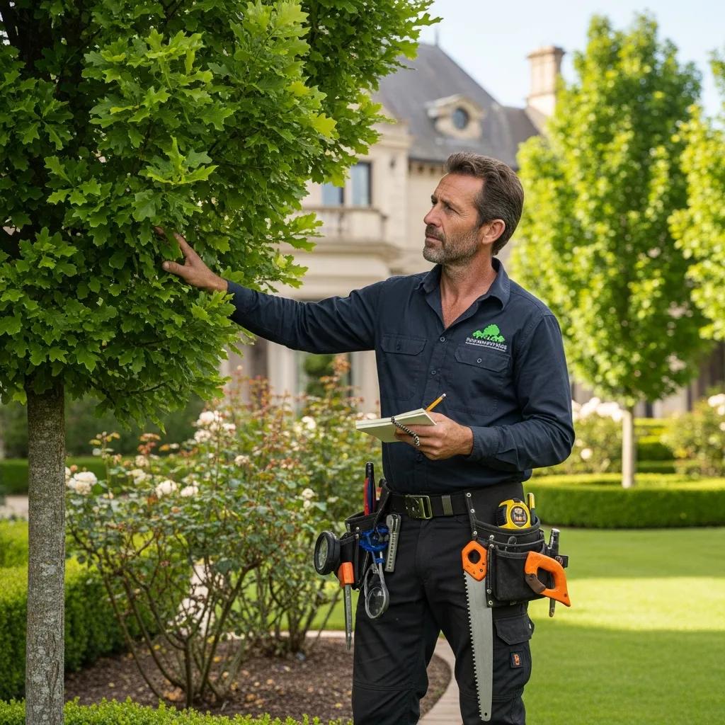 Professional arborist assessing a healthy landscape with trees and shrubs
