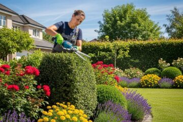 Professional landscaper trimming a lush hedge in a vibrant garden