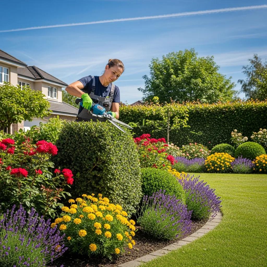 Professional landscaper trimming a lush hedge in a vibrant garden