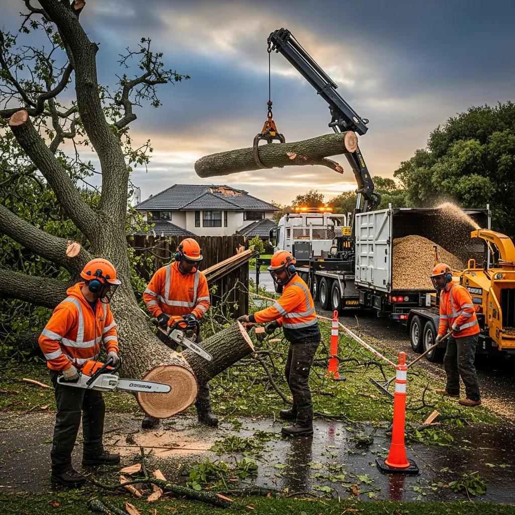 Tree removal team safely addressing an emergency situation with a fallen tree after a storm