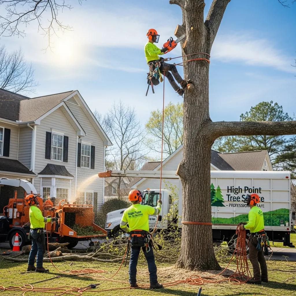 Professional tree removal service in High Point, NC, showcasing a team safely removing a large tree